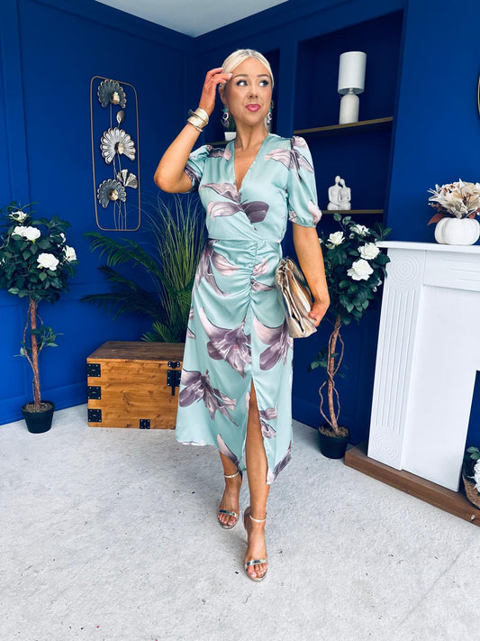 Trasa Wrap Top Ruched Detail Midi Dress Floral Duck Egg