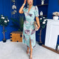 Trasa Wrap Top Ruched Detail Midi Dress Floral Duck Egg