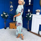 Trasa Wrap Top Ruched Detail Midi Dress Floral Duck Egg