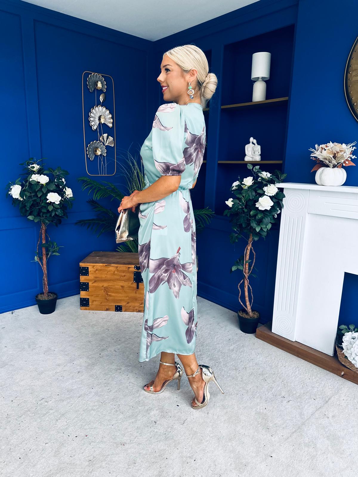 Trasa Wrap Top Ruched Detail Midi Dress Floral Duck Egg