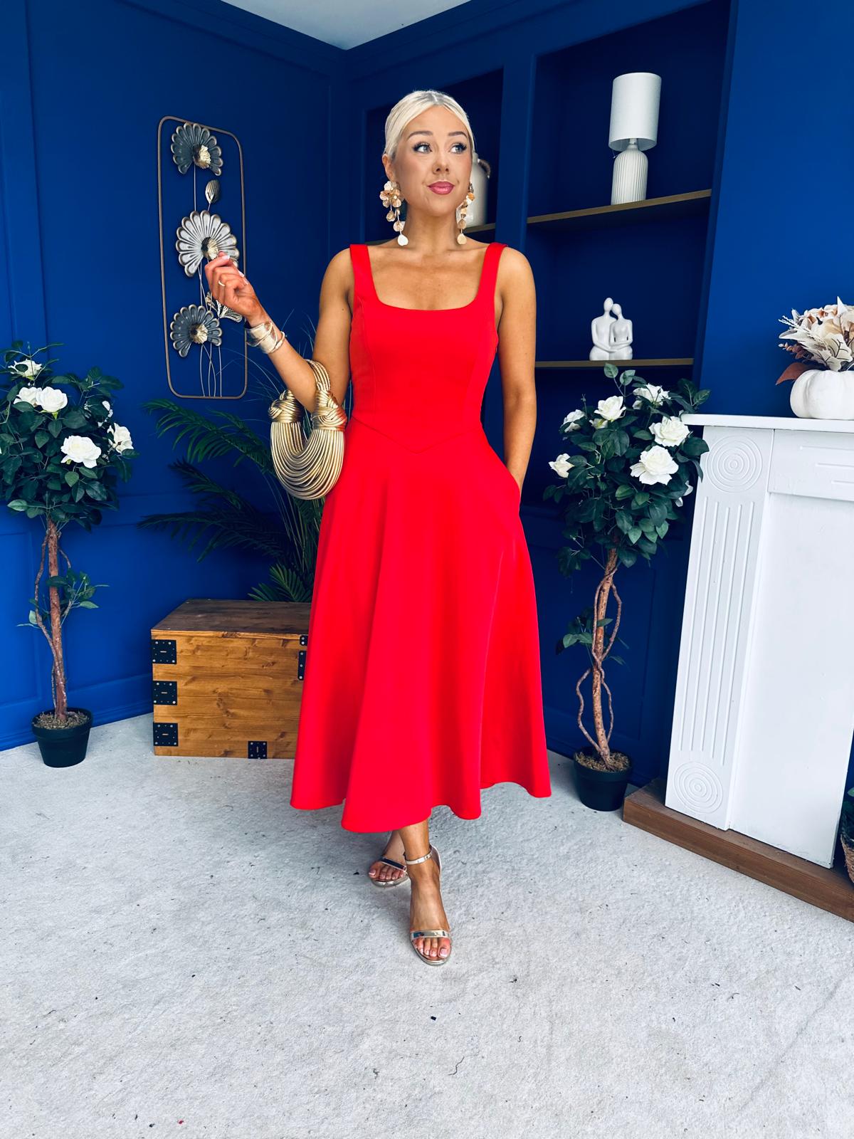 Kimber Square Neck A-line Midi Dress Blood Orange