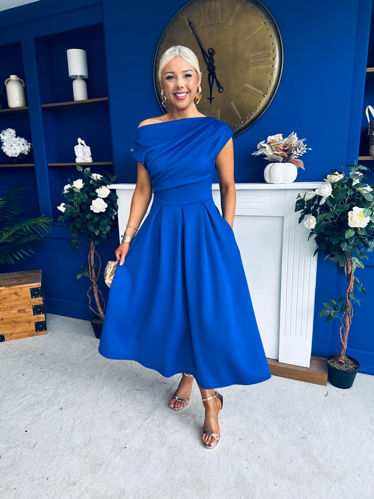 Breffy Asymmetric Neckline Skater Midi Cobalt Pre Order 26 Feb