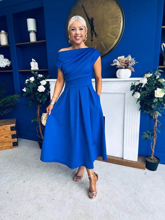 Breffy Asymmetric Neckline Skater Midi Cobalt Pre Order 26 Feb