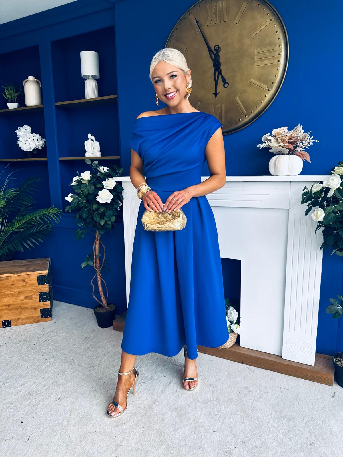 Breffy Asymmetric Neckline Skater Midi Cobalt Pre Order 26 Feb