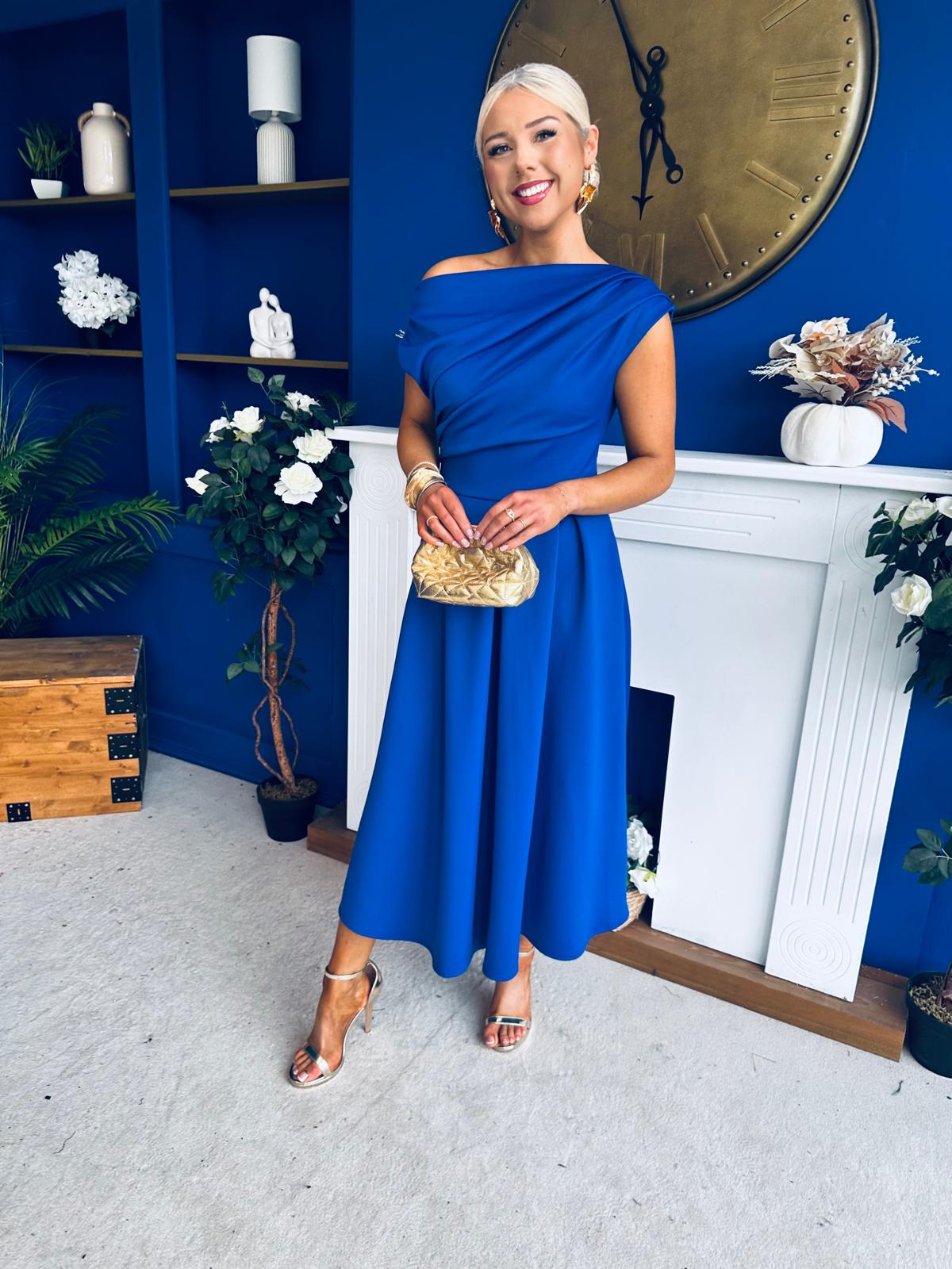 Breffy Asymmetric Neckline Skater Midi Cobalt Pre Order 26 Feb