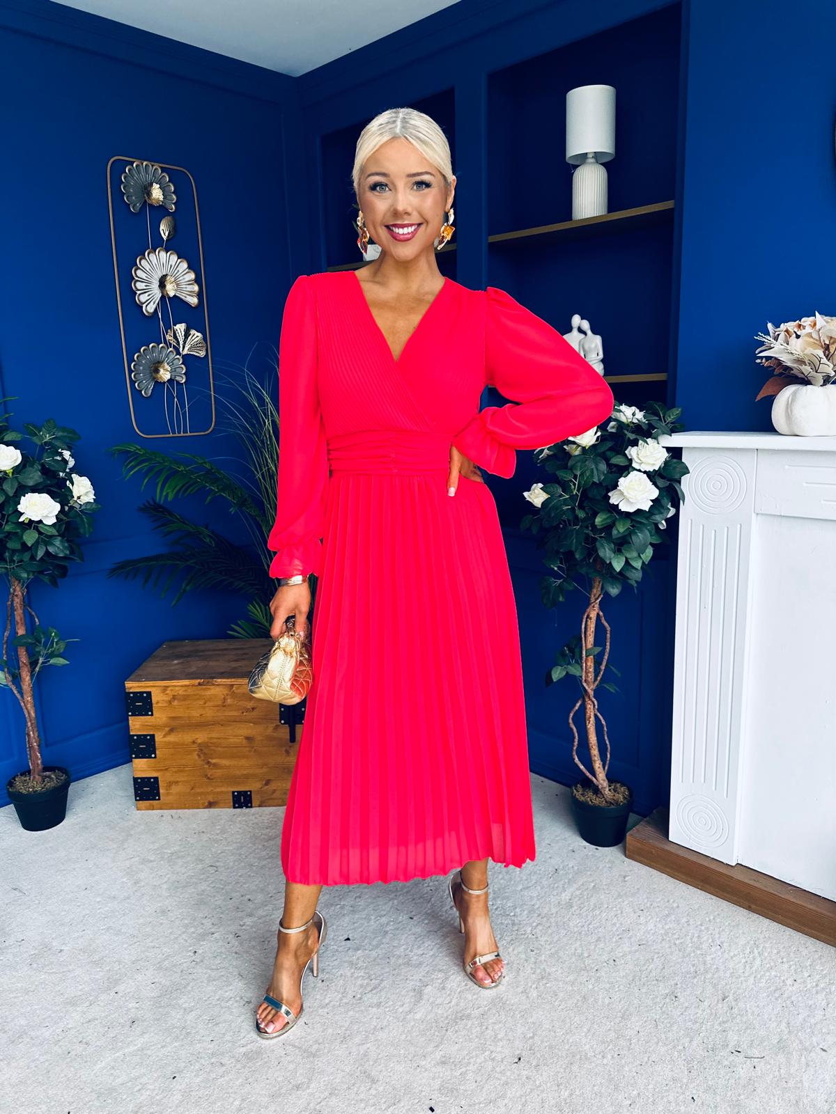 Clodagh Pleat Detailed Midi Dress Coral