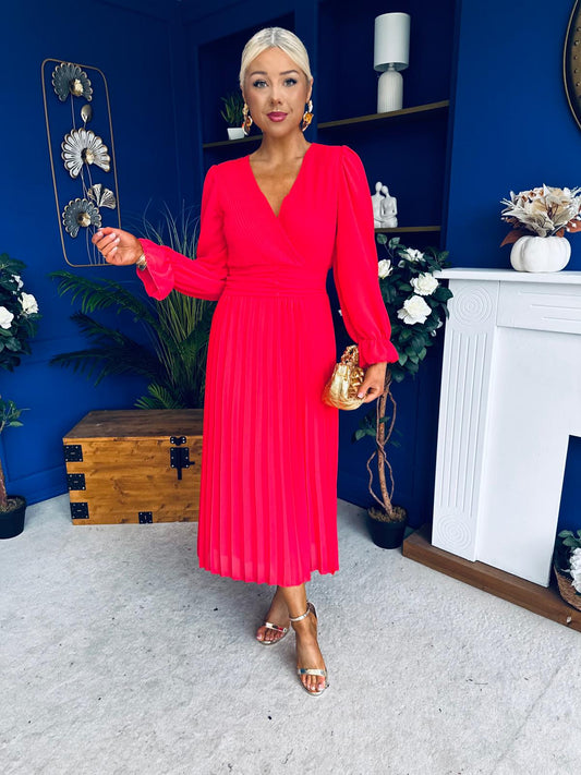 Clodagh Pleat Detailed Midi Dress Coral