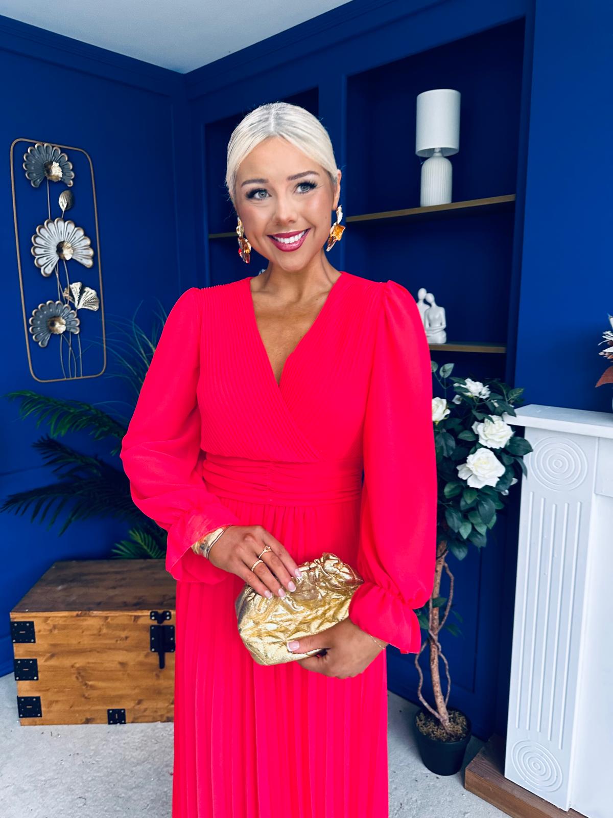 Clodagh Pleat Detailed Midi Dress Coral