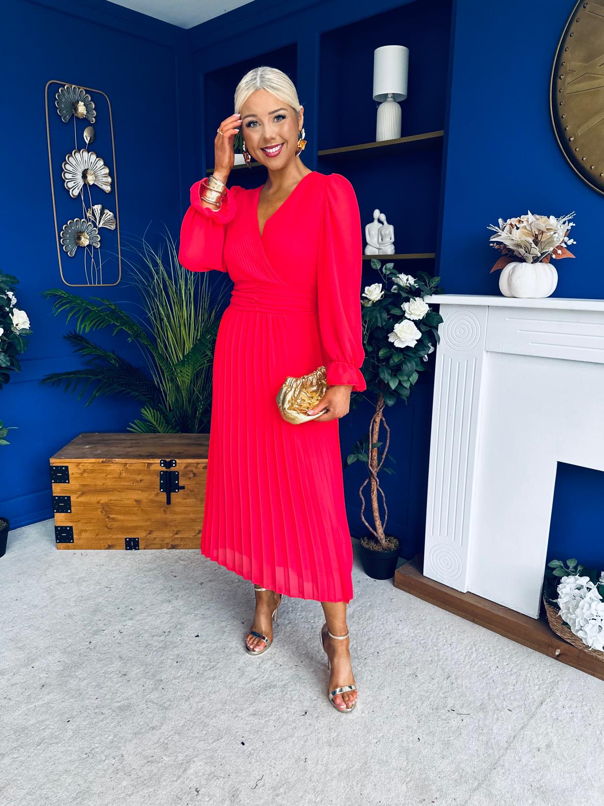 Clodagh Pleat Detailed Midi Dress Coral