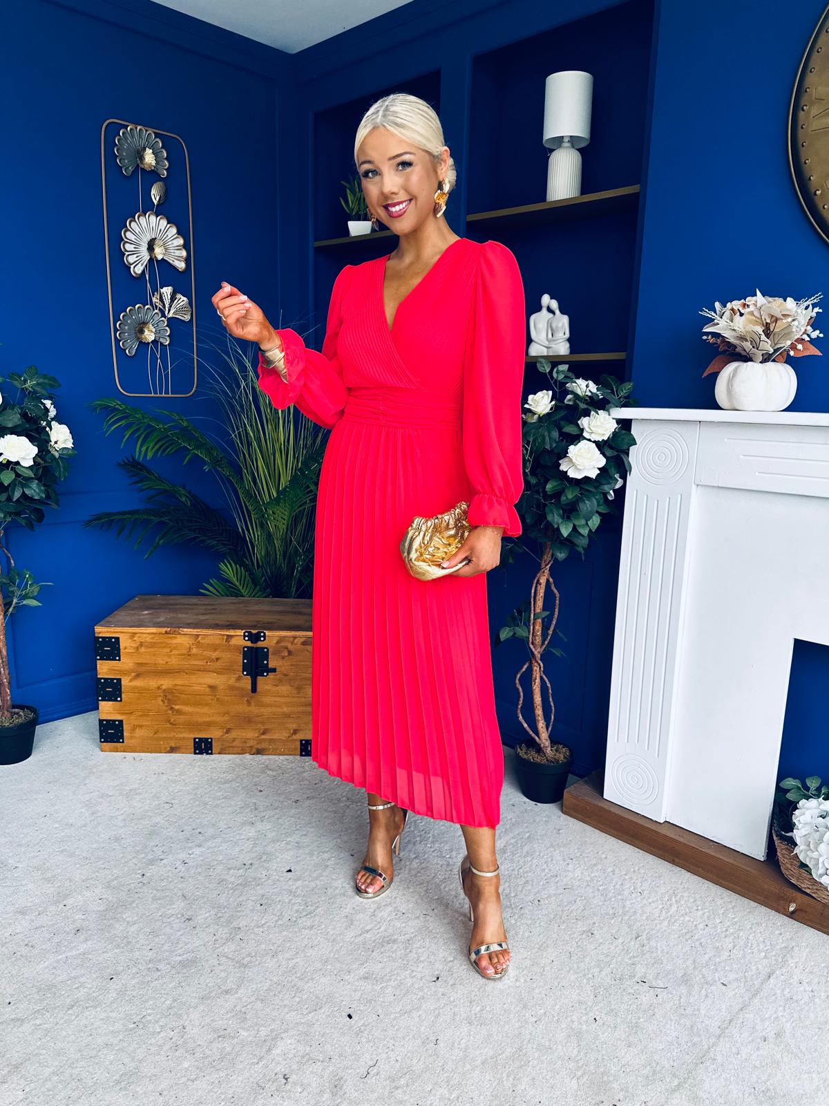 Clodagh Pleat Detailed Midi Dress Coral