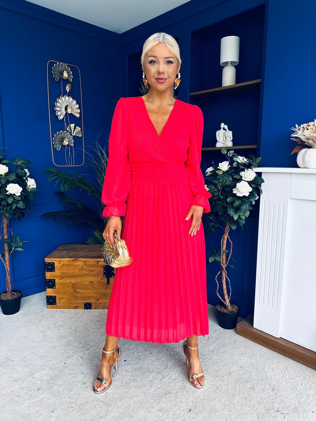 Clodagh Pleat Detailed Midi Dress Coral