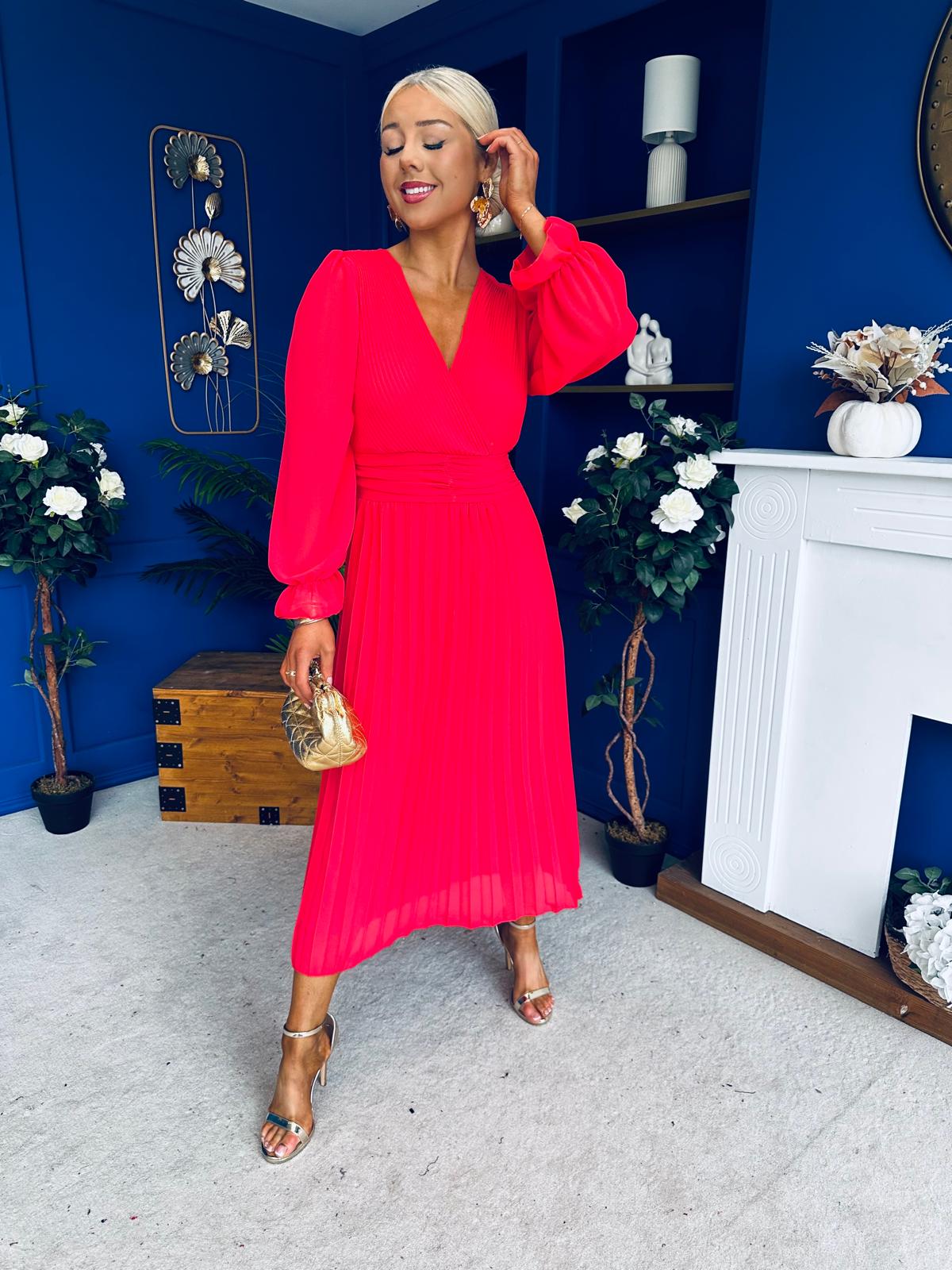 Clodagh Pleat Detailed Midi Dress Coral