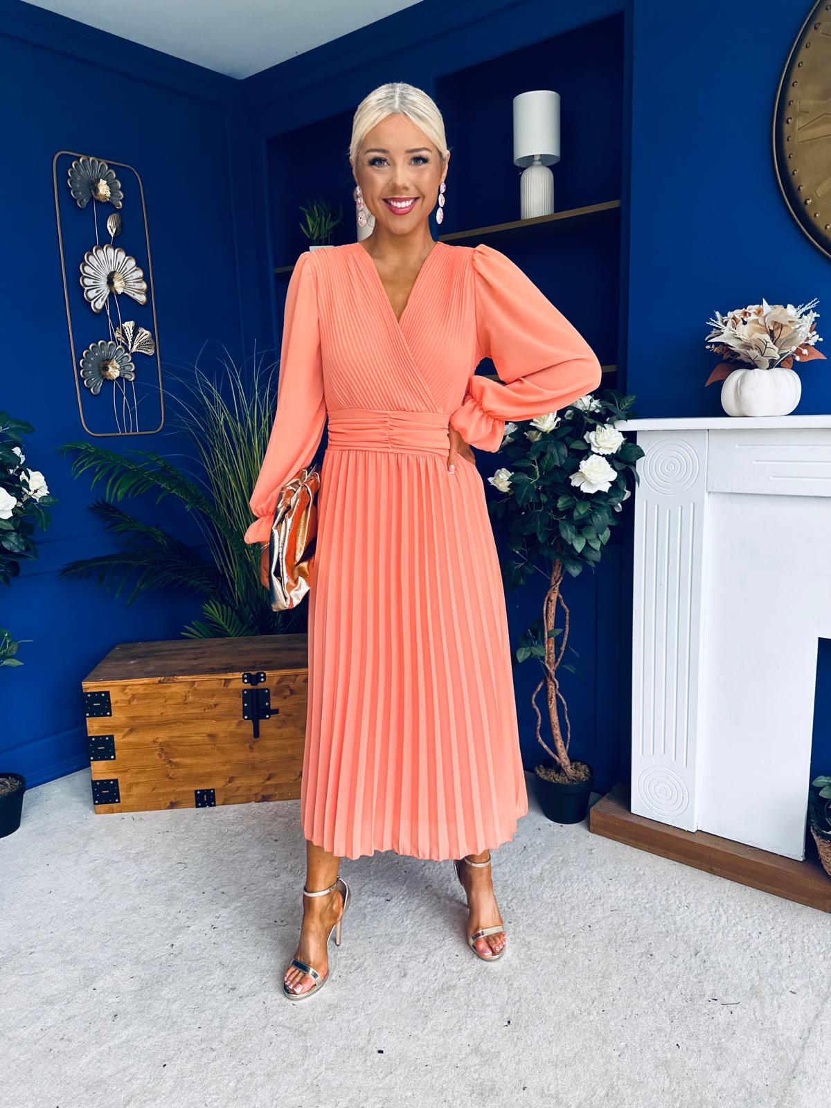 Clodagh Pleat Detailed Midi Dress Peach