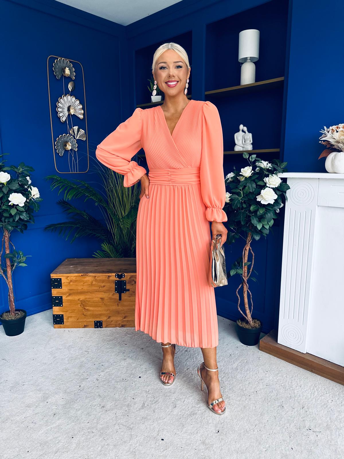 Clodagh Pleat Detailed Midi Dress Peach