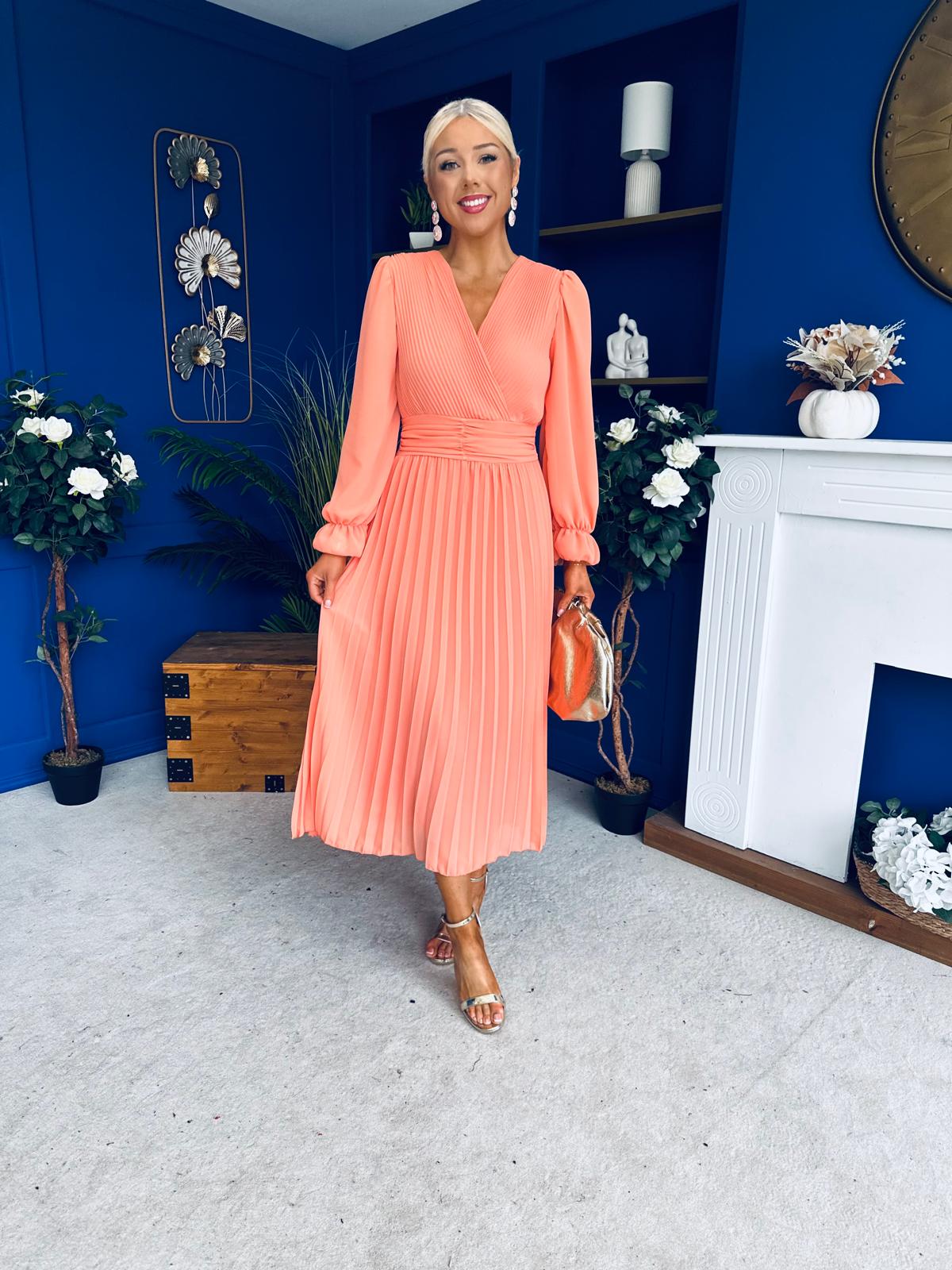 Clodagh Pleat Detailed Midi Dress Peach