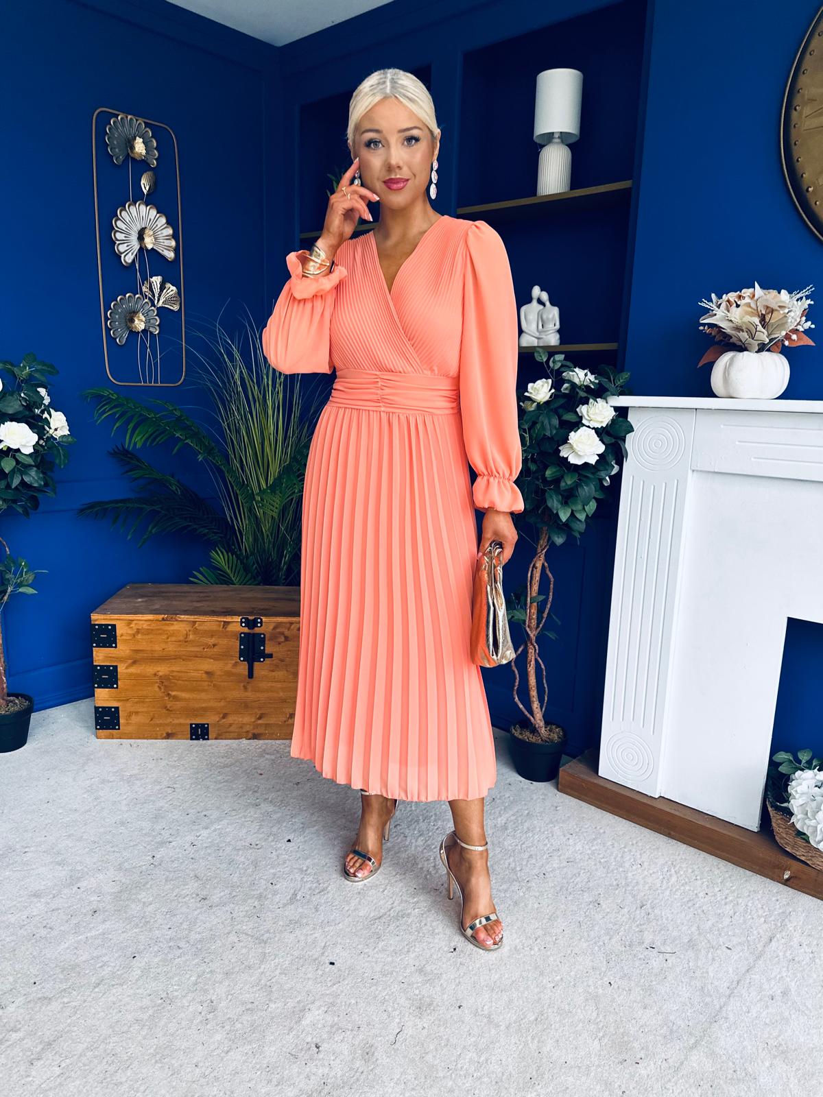 Clodagh Pleat Detailed Midi Dress Peach