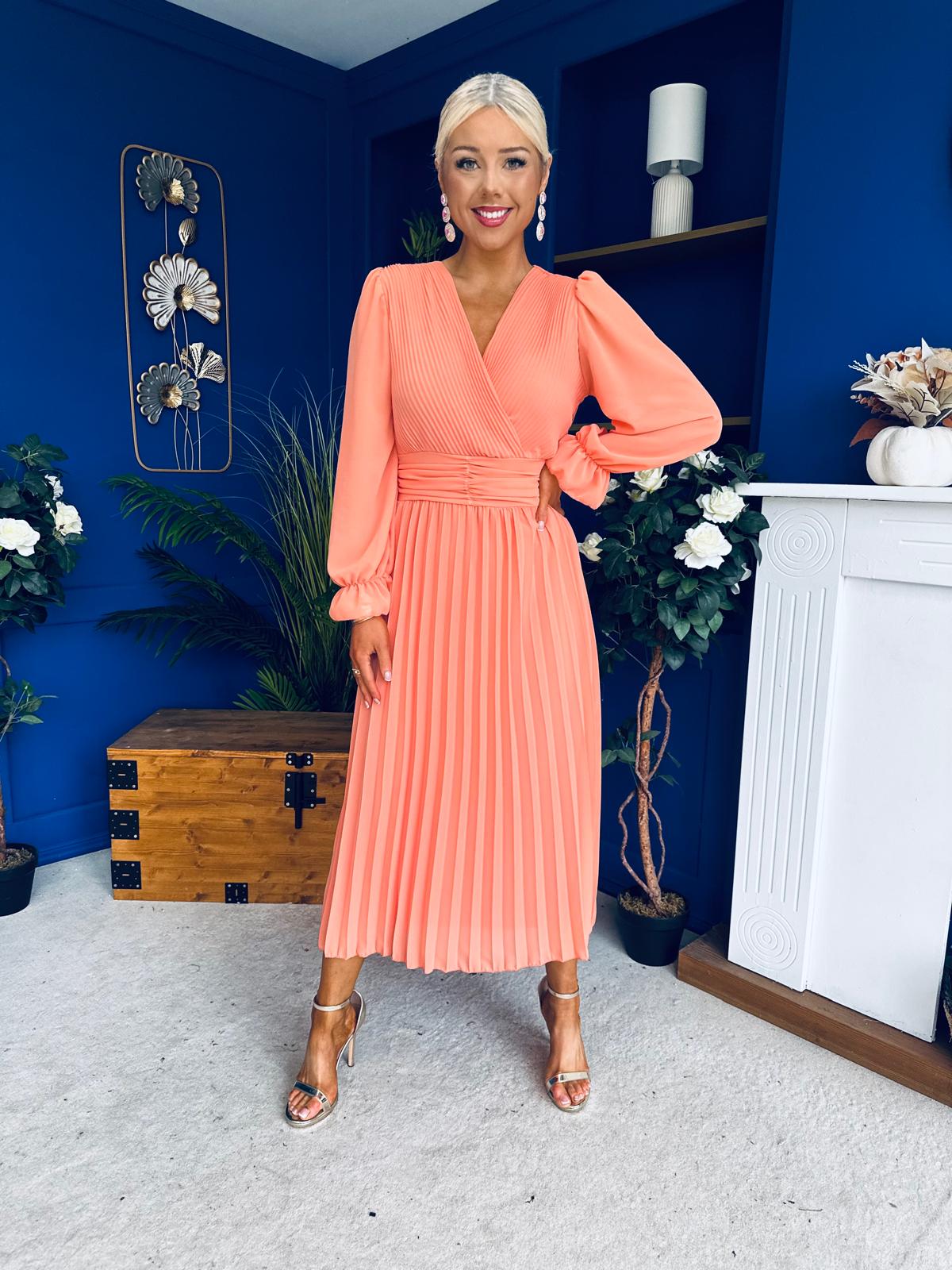 Clodagh Pleat Detailed Midi Dress Peach