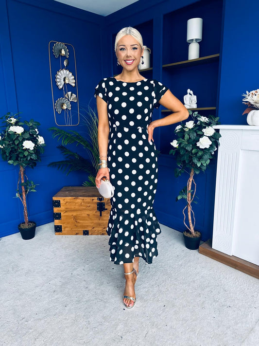 Roxy Boat Neck Frill Midi Polka Black