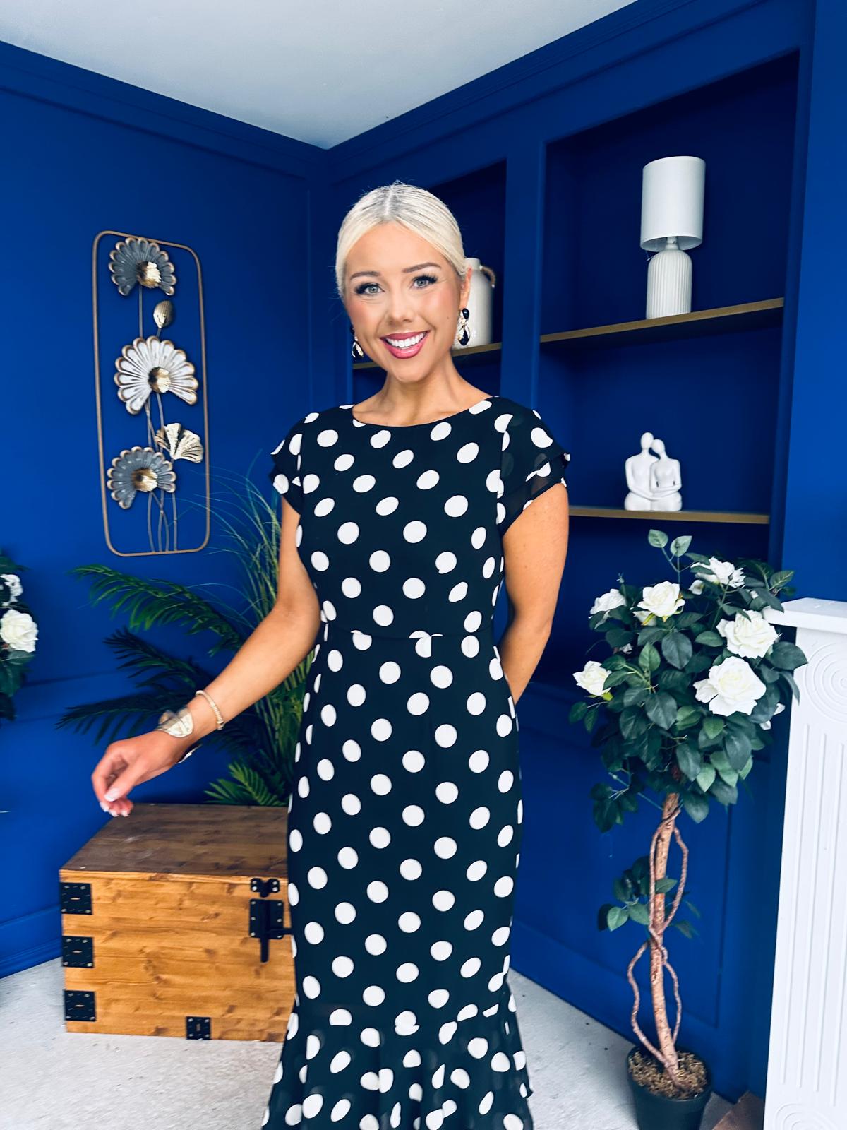 Roxy Boat Neck Frill Midi Polka Black