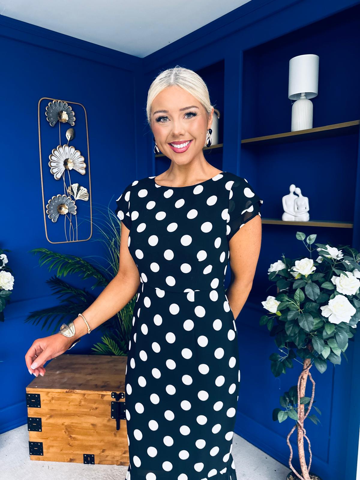 Roxy Boat Neck Frill Midi Polka Black