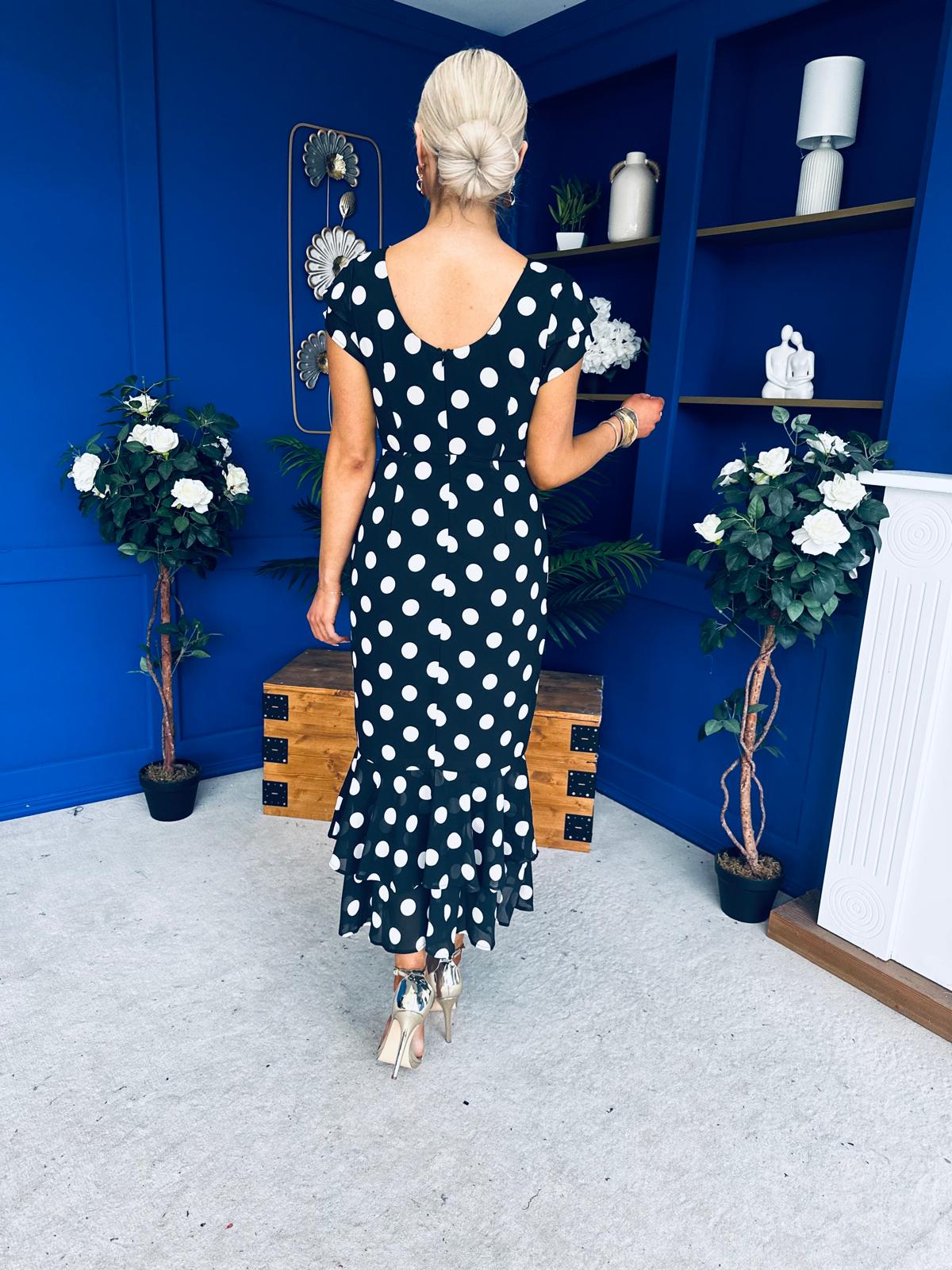 Roxy Boat Neck Frill Midi Polka Black