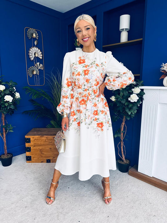 Joelle Floral Long Sleeve Midi Dress Cream