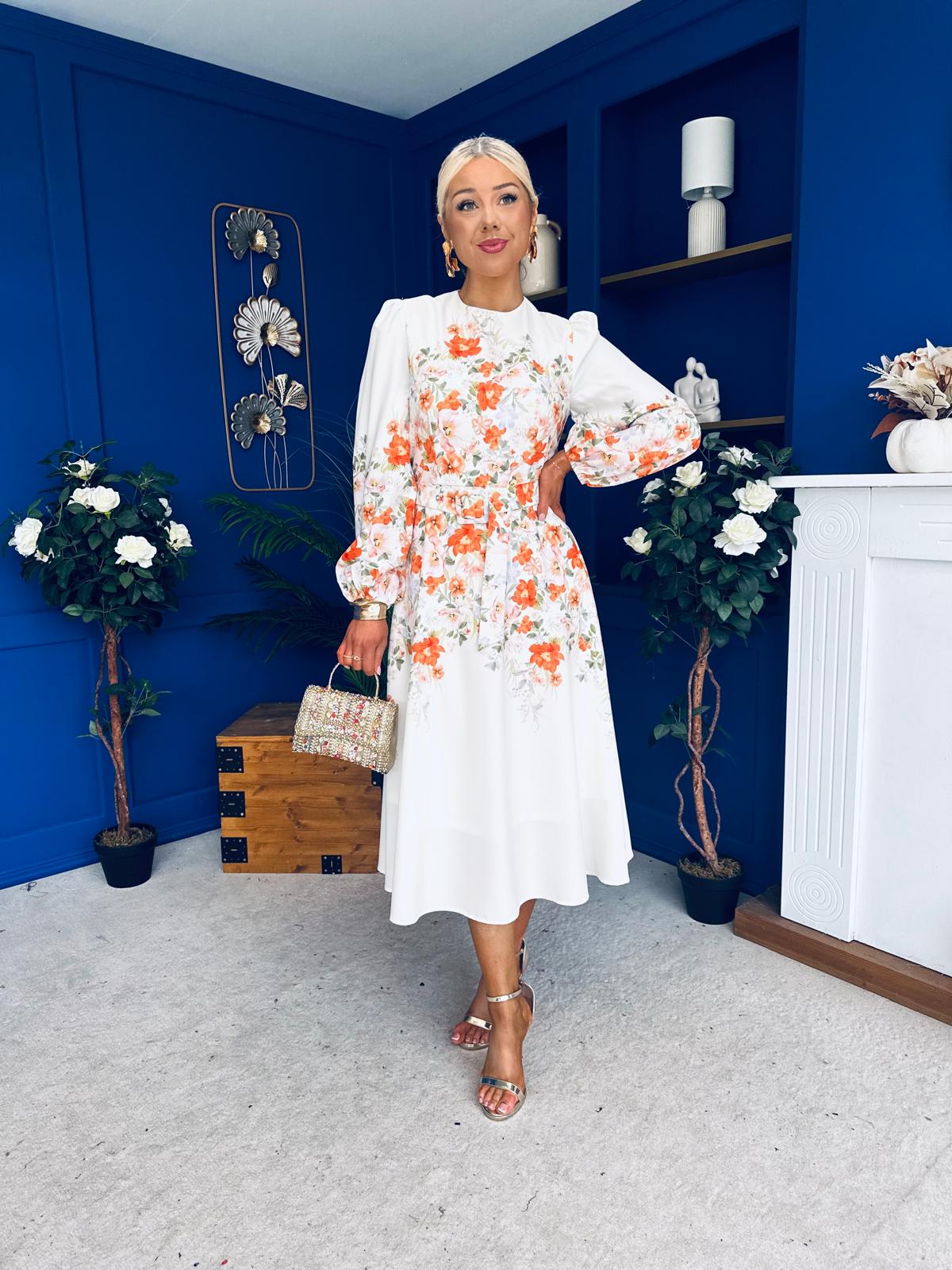 Joelle Floral Long Sleeve Midi Dress Cream