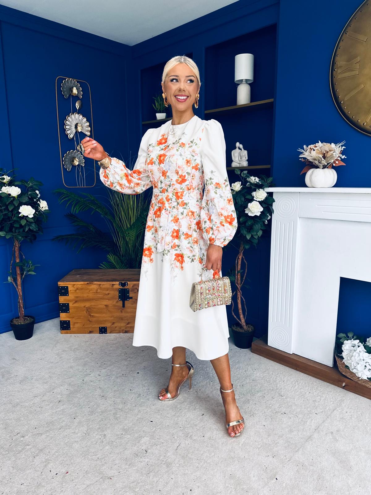 Joelle Floral Long Sleeve Midi Dress Cream