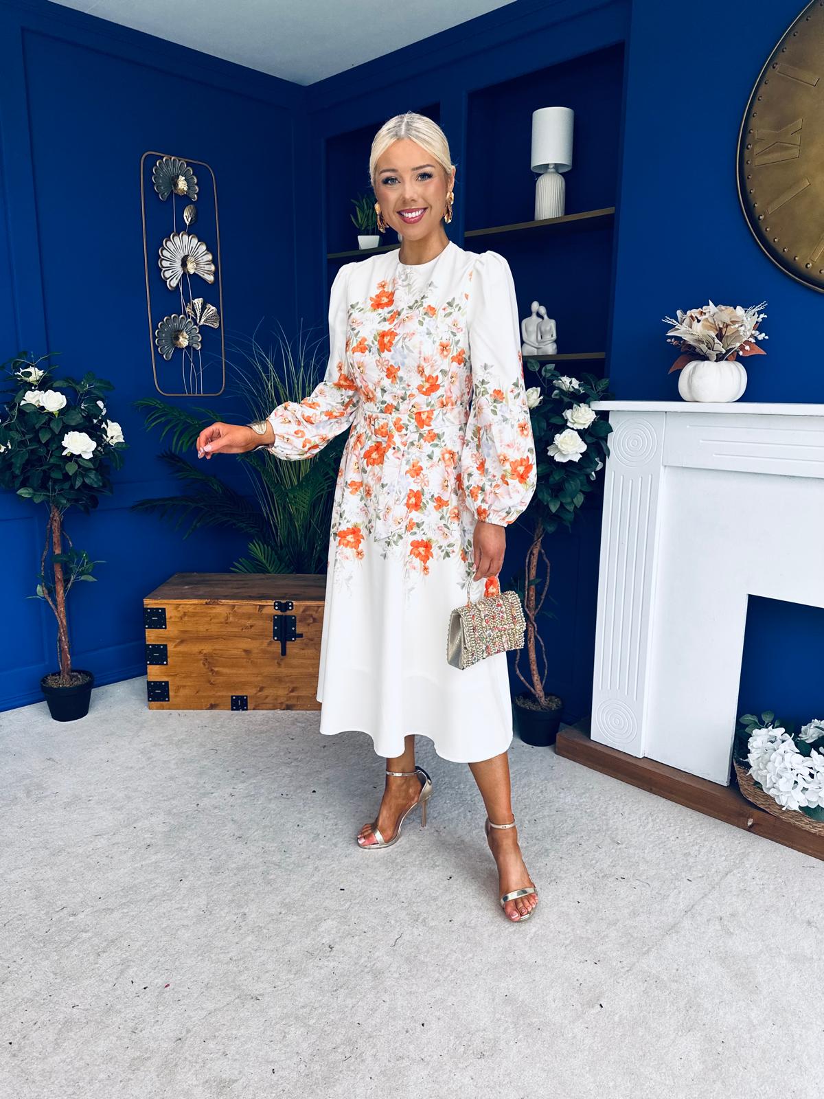 Joelle Floral Long Sleeve Midi Dress Cream