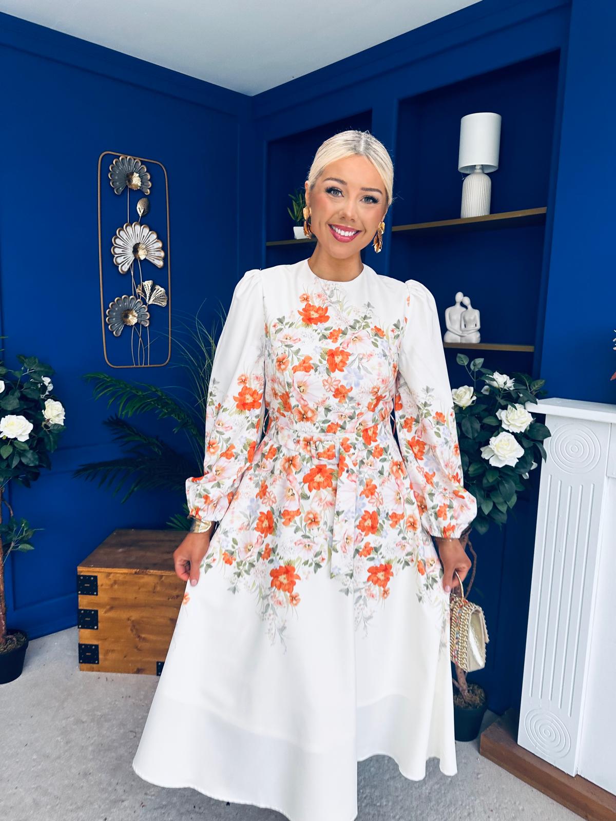 Joelle Floral Long Sleeve Midi Dress Cream