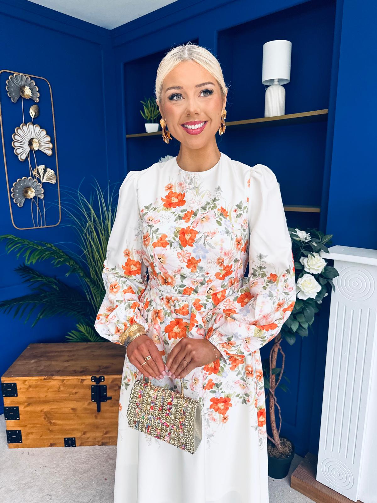 Joelle Floral Long Sleeve Midi Dress Cream