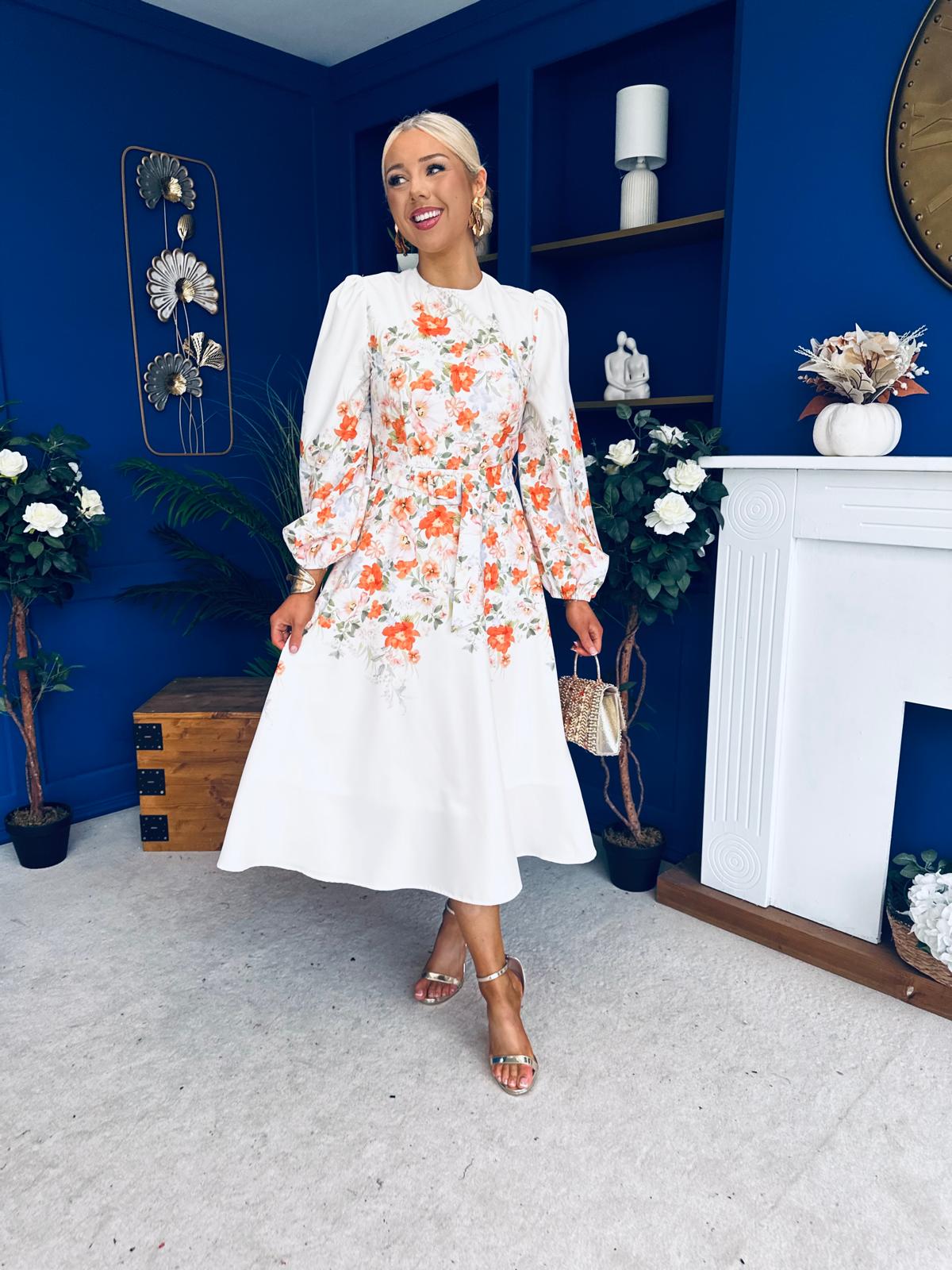 Joelle Floral Long Sleeve Midi Dress Cream