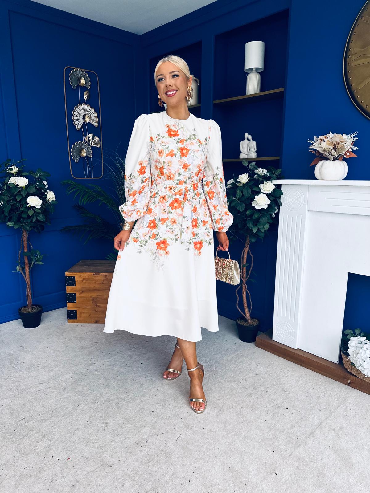 Joelle Floral Long Sleeve Midi Dress Cream