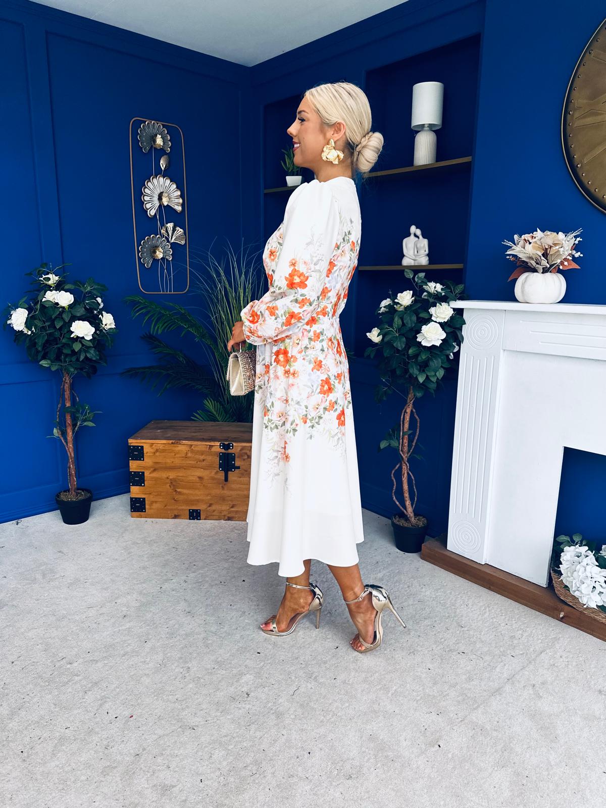 Joelle Floral Long Sleeve Midi Dress Cream