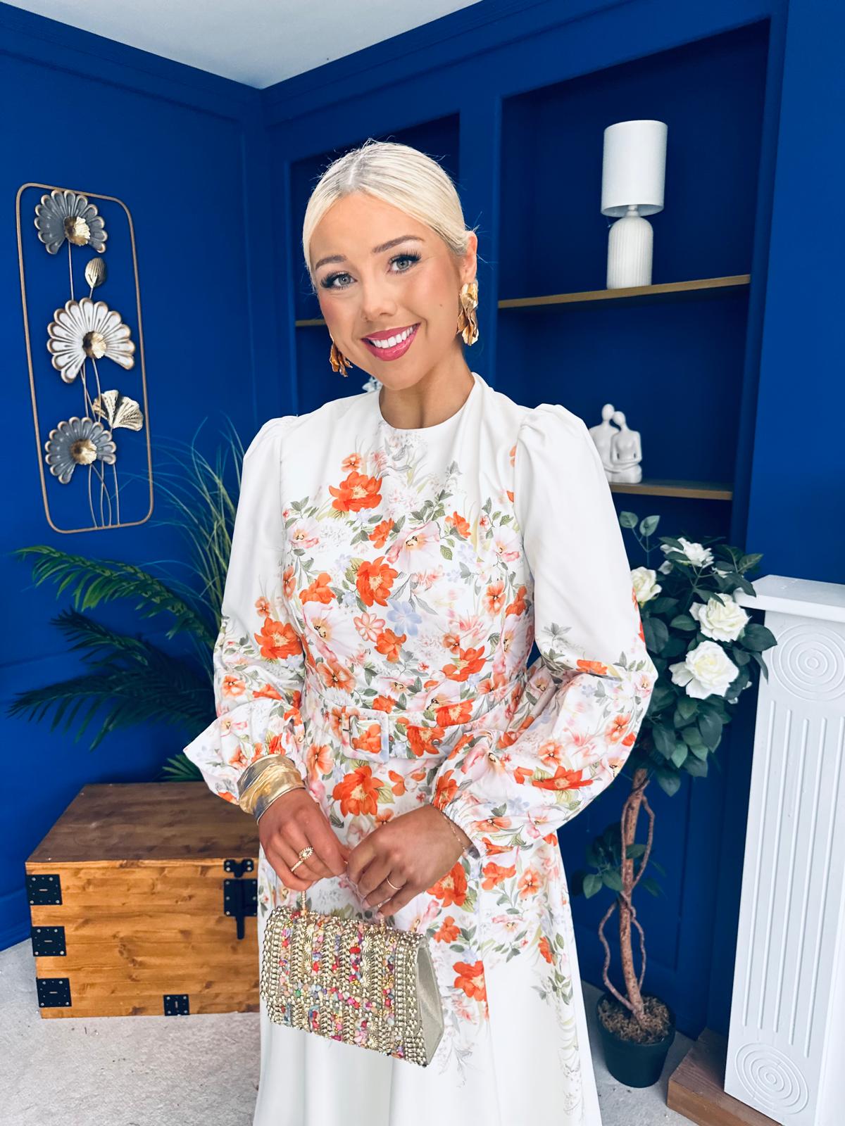 Joelle Floral Long Sleeve Midi Dress Cream