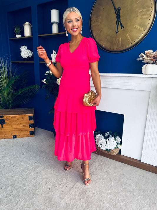 Merrill Layered Midi Dress Fuchsia