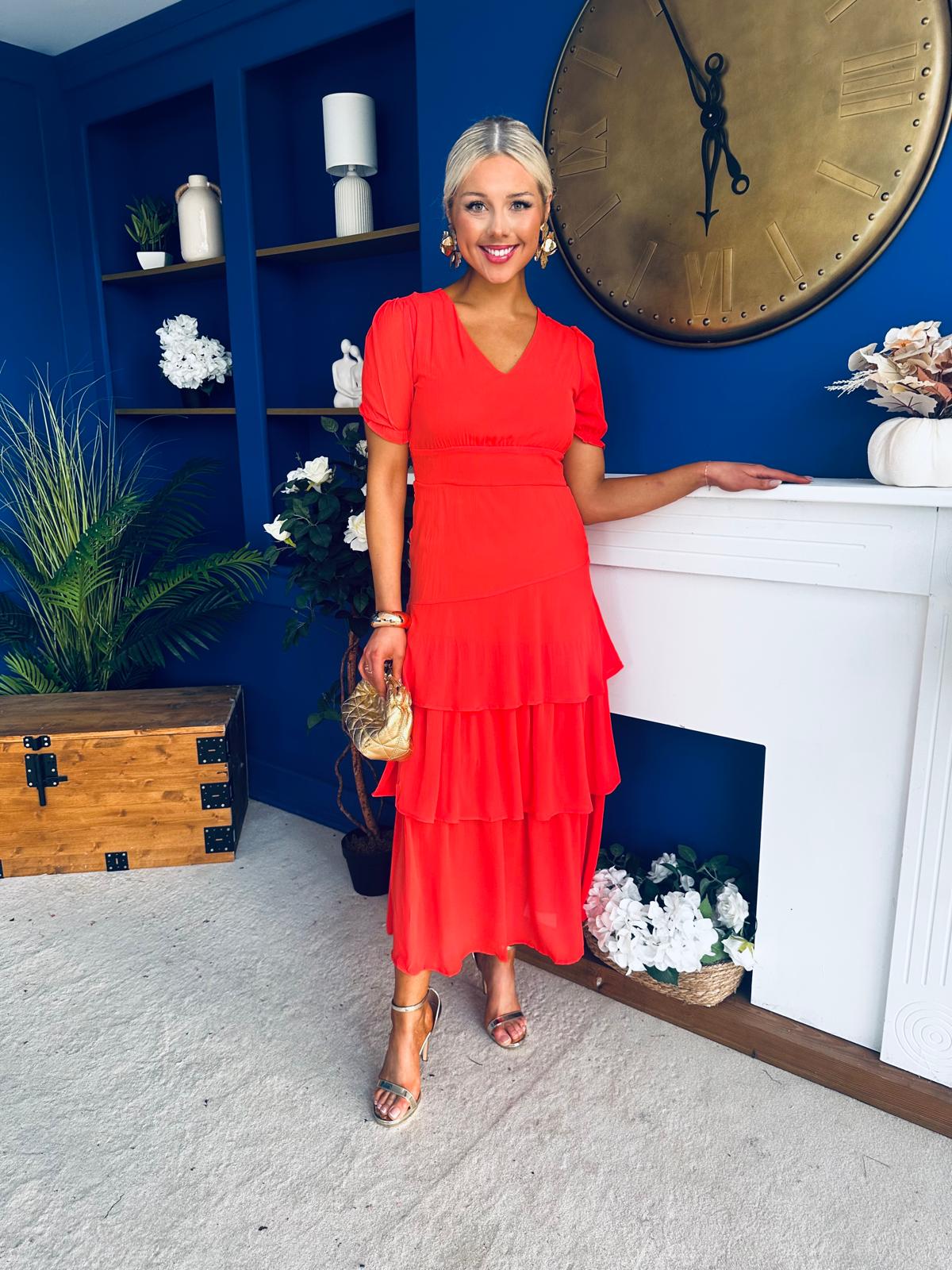 Merrill Layered Midi Dress Coral