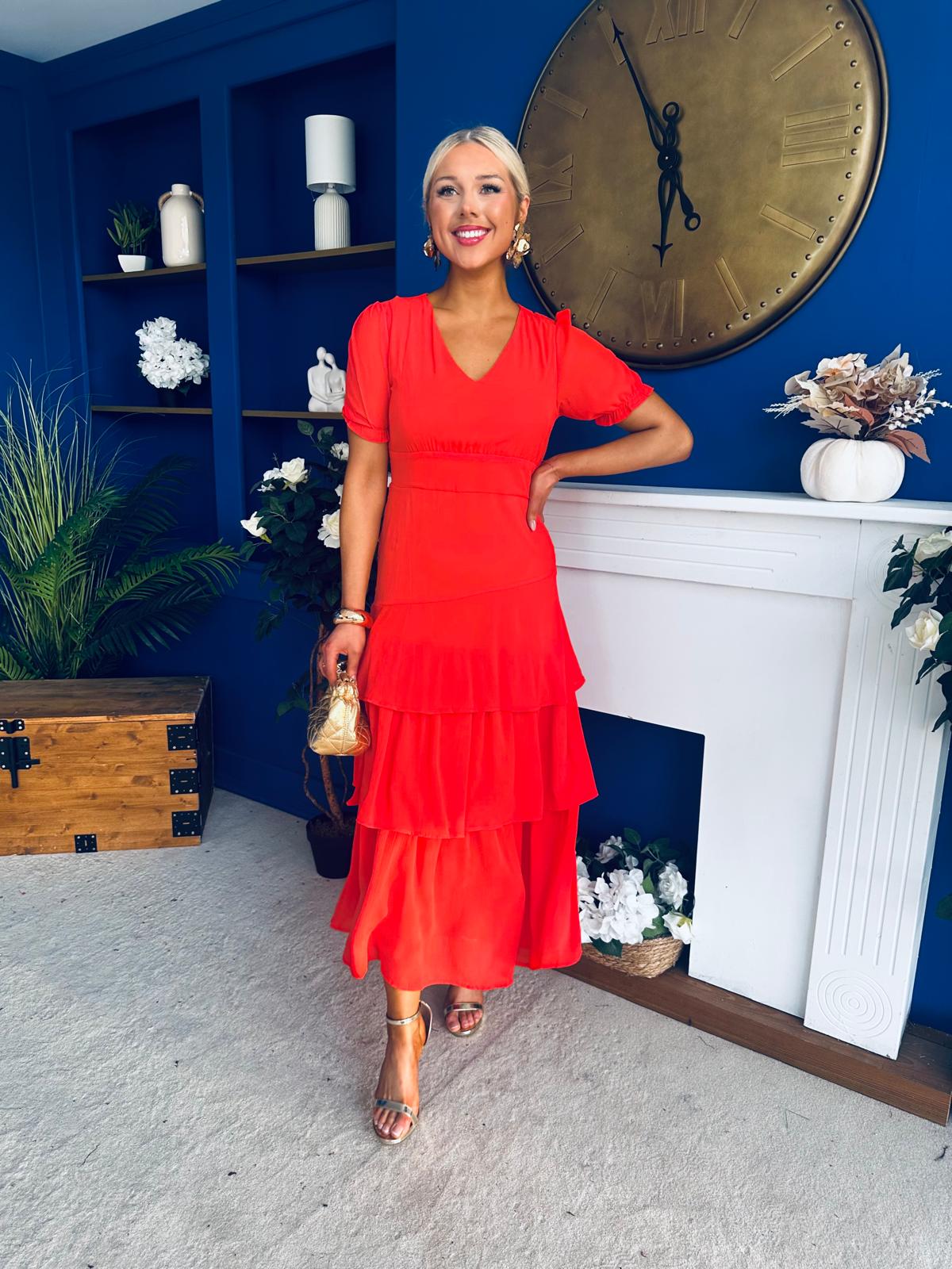 Merrill Layered Midi Dress Coral