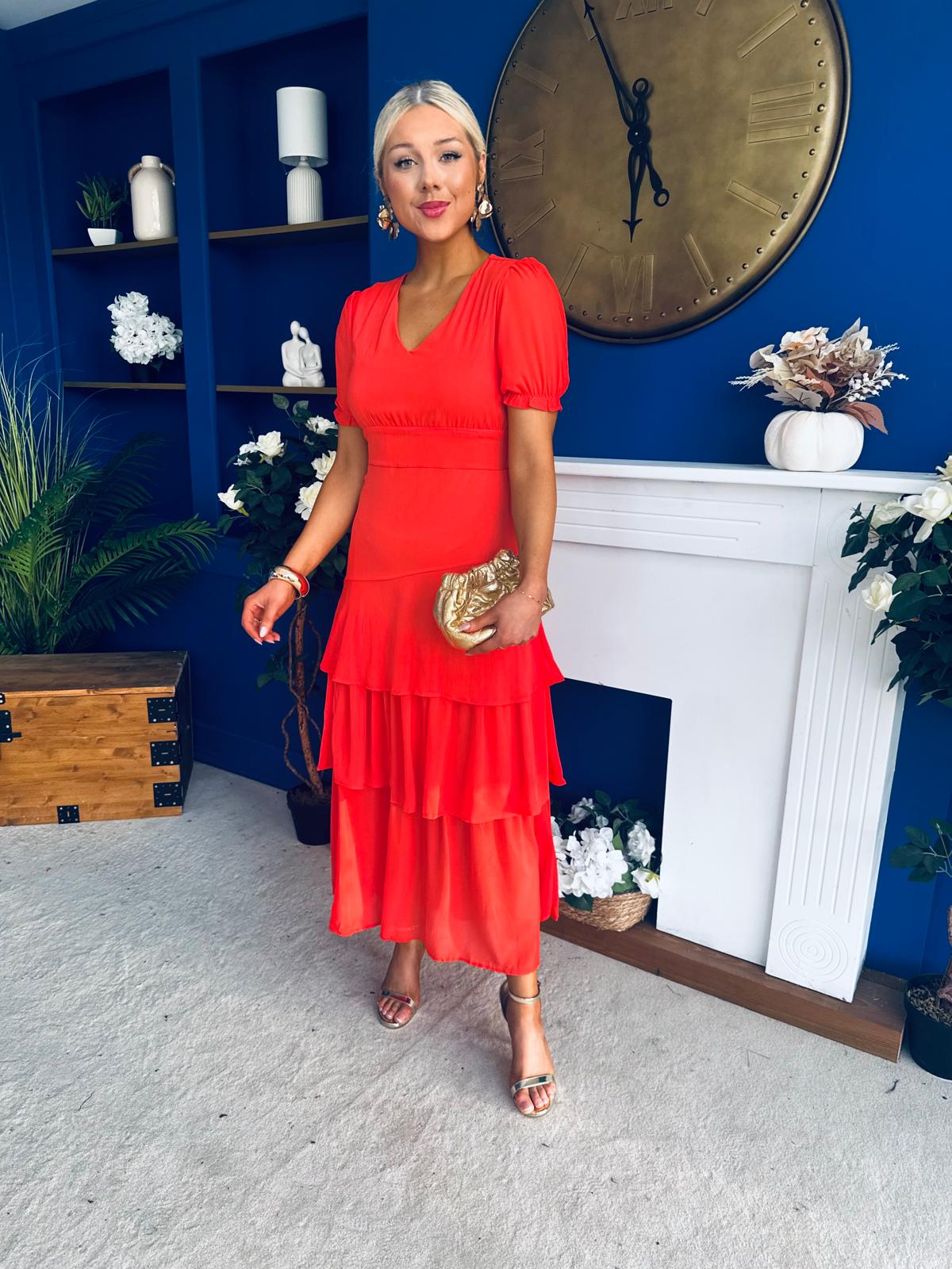 Merrill Layered Midi Dress Coral