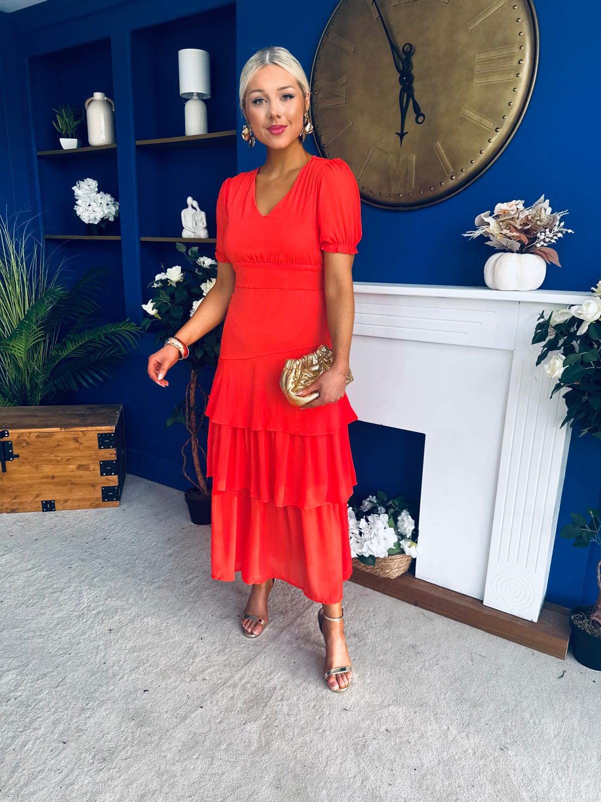 Merrill Layered Midi Dress Coral