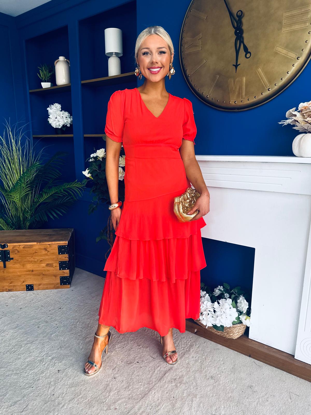 Merrill Layered Midi Dress Coral