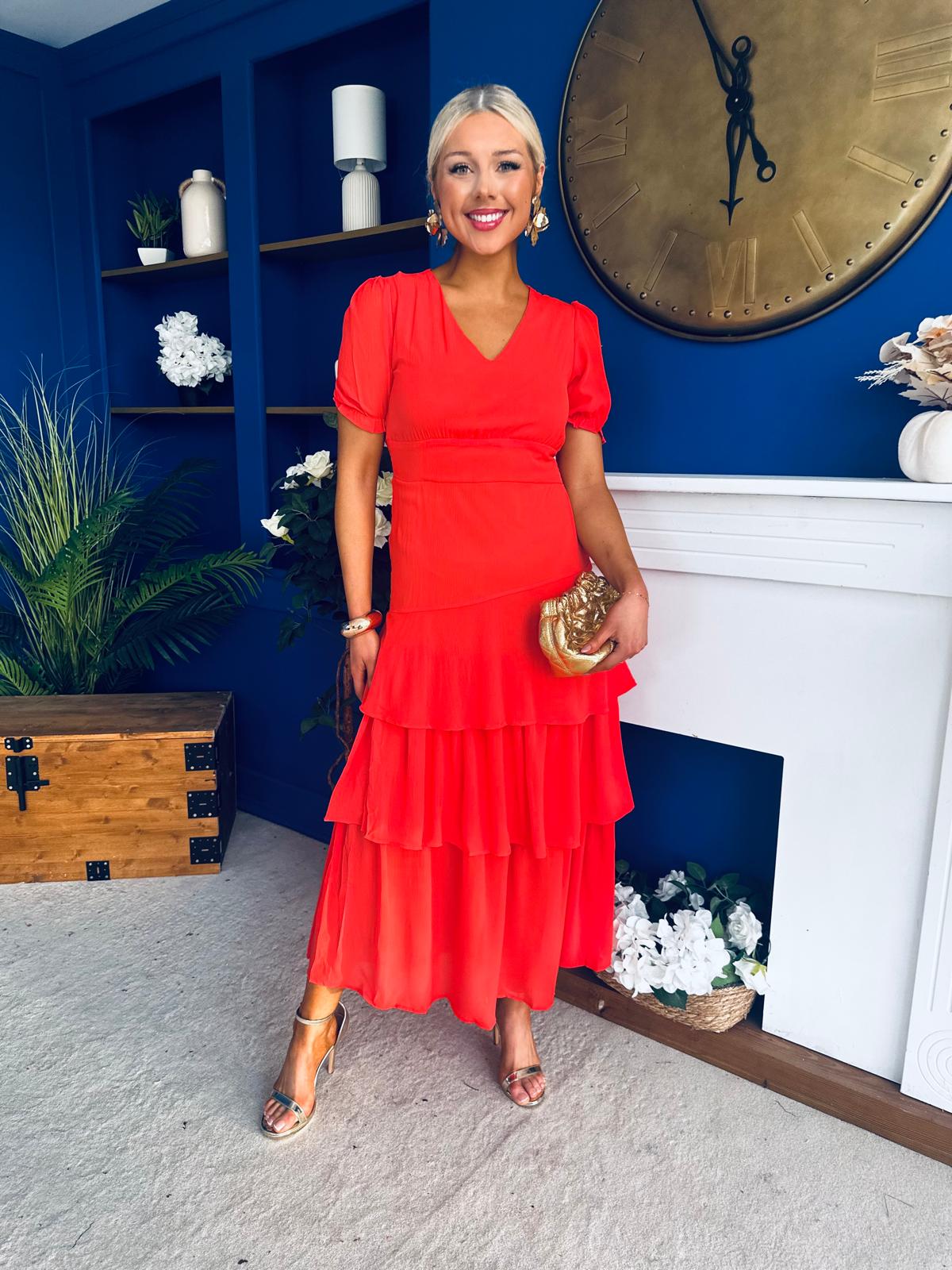 Merrill Layered Midi Dress Coral