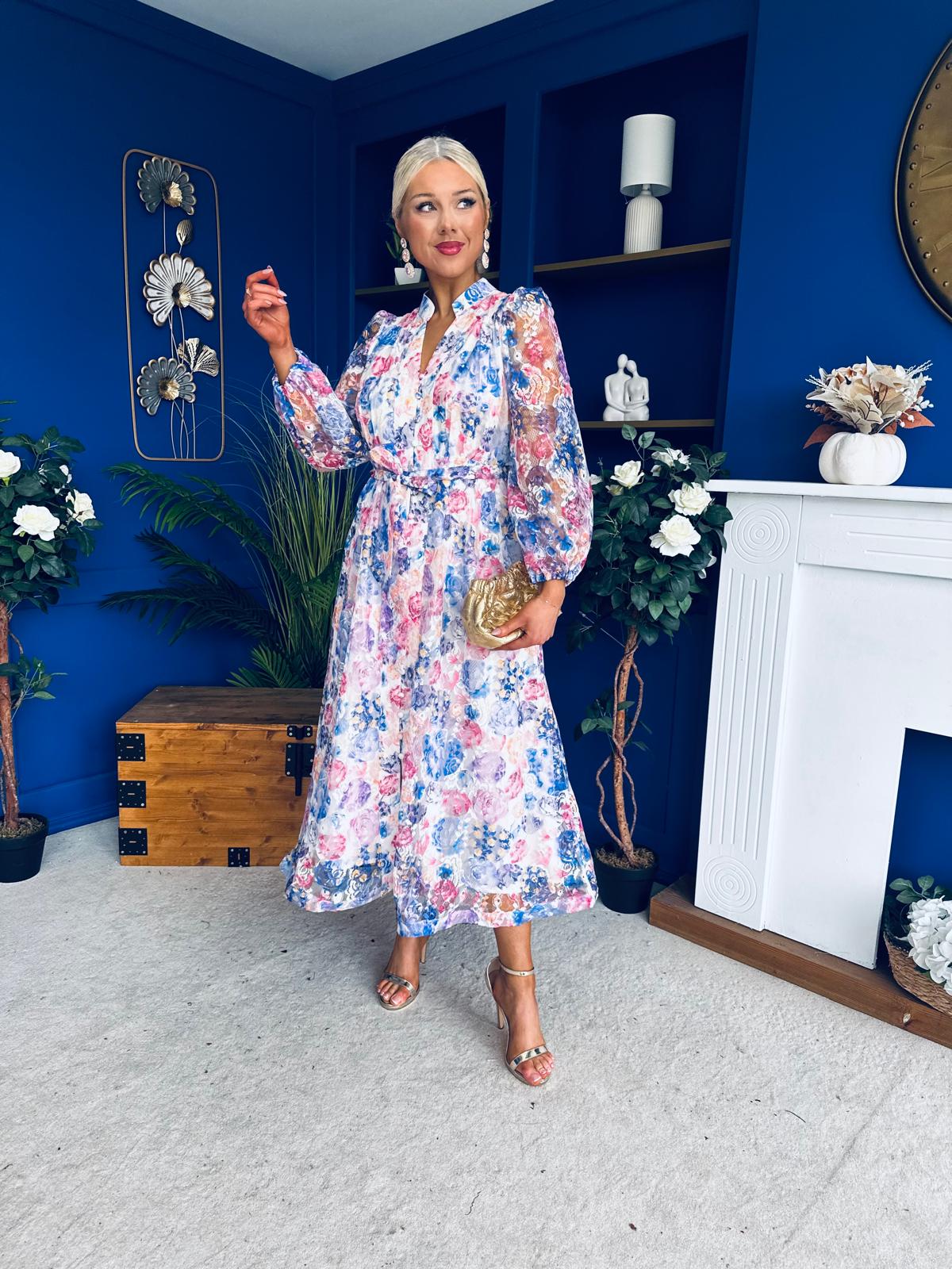 Valentina Detailed Midi Shirt Dress Floral Purple