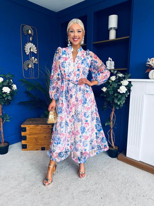 Valentina Detailed Midi Shirt Dress Floral Purple