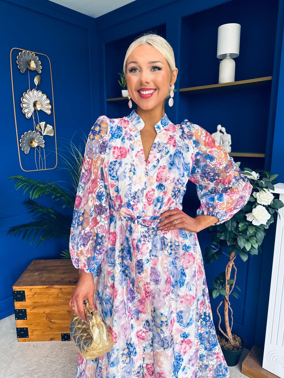 Valentina Detailed Midi Shirt Dress Floral Purple