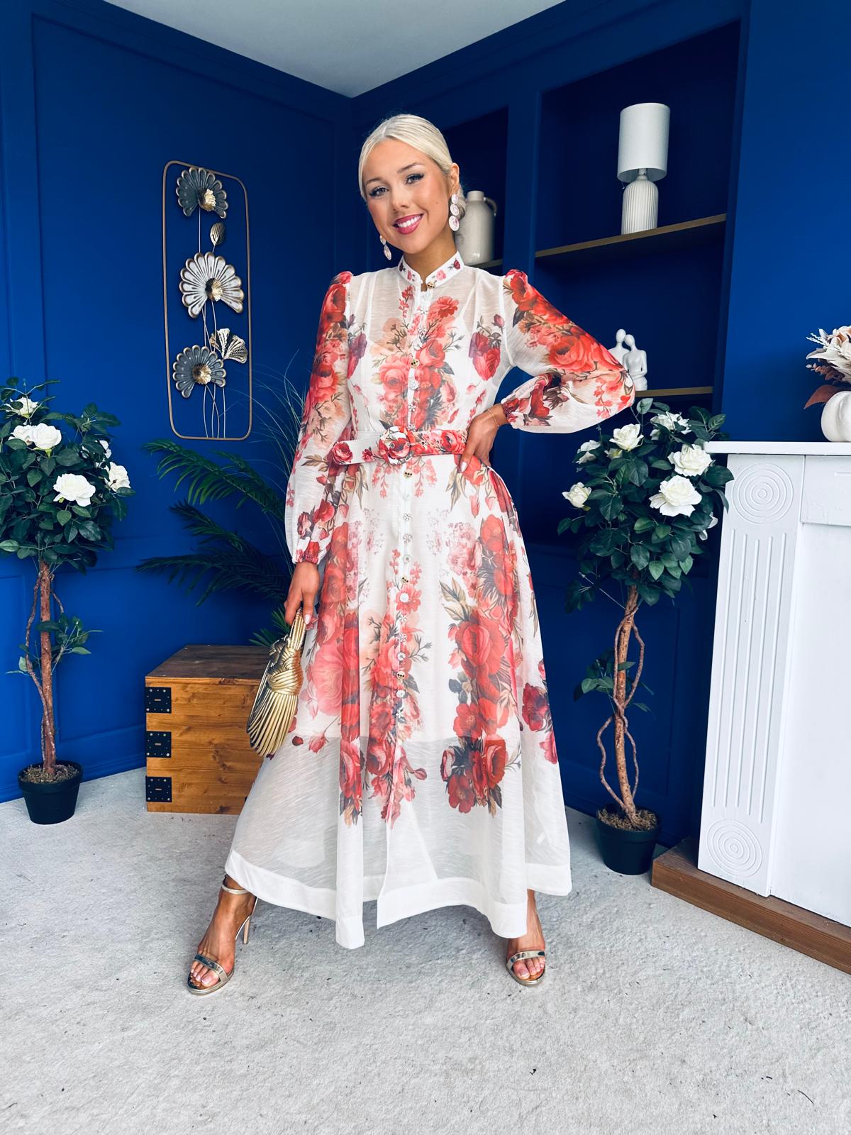 Rosalie Button Detail Midi Shirt Dress Floral Ruby