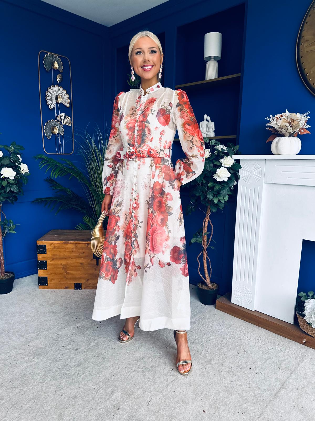 Rosalie Button Detail Midi Shirt Dress Floral Ruby