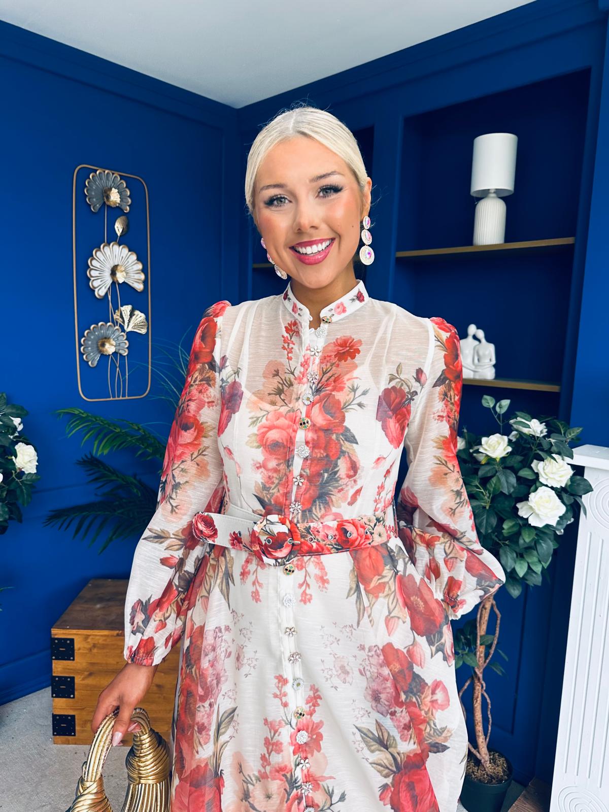 Rosalie Button Detail Midi Shirt Dress Floral Ruby