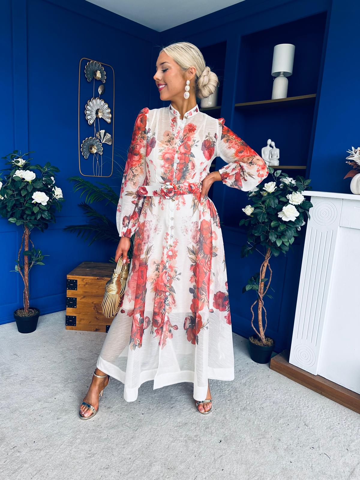 Rosalie Button Detail Midi Shirt Dress Floral Ruby
