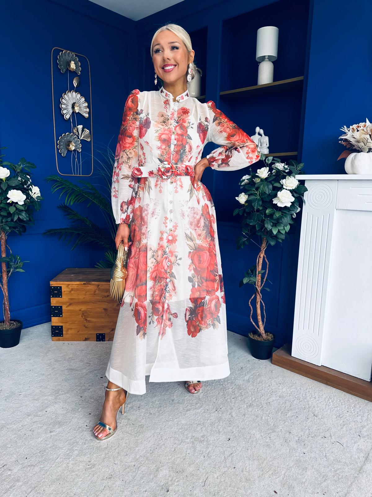 Rosalie Button Detail Midi Shirt Dress Floral Ruby